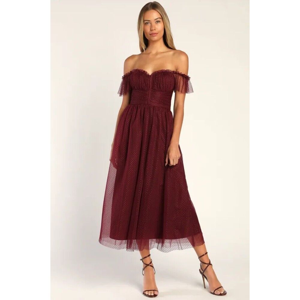 Lulu's Regal Radience Burgandy Tulle Bustier Burgundy Swiss Dot Fairy Dress